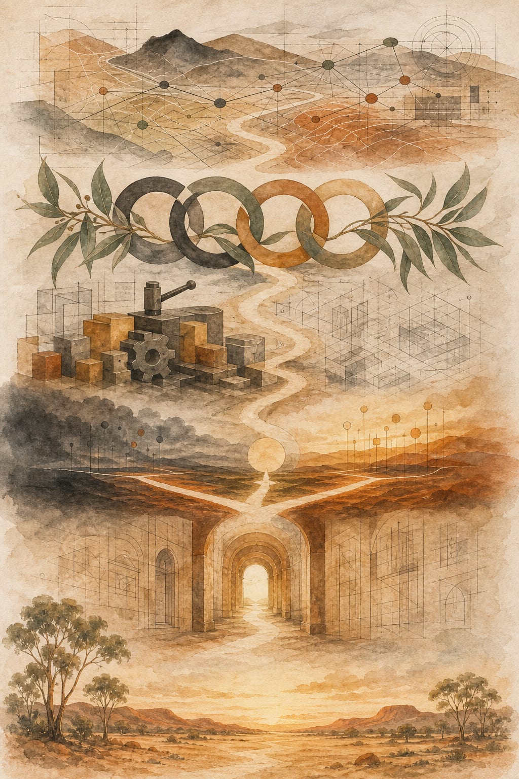 Watercolor journey mural: a path through map, crew, workshop, scoreboard, and lit hallway metaphors toward a calm landing