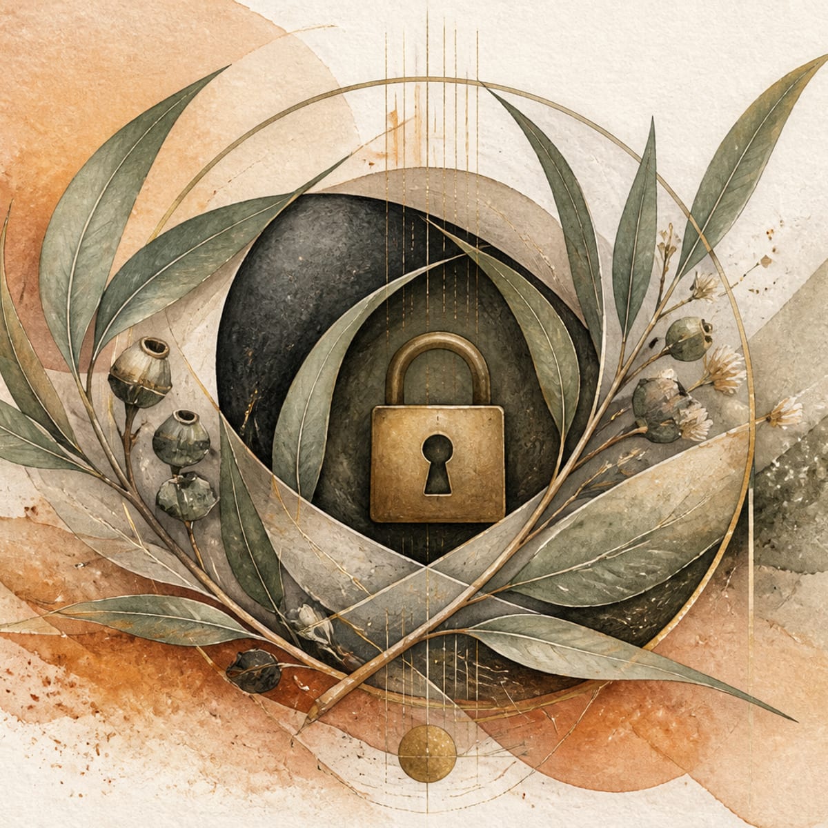 Abstract illustration of a protective enclosure woven with eucalyptus