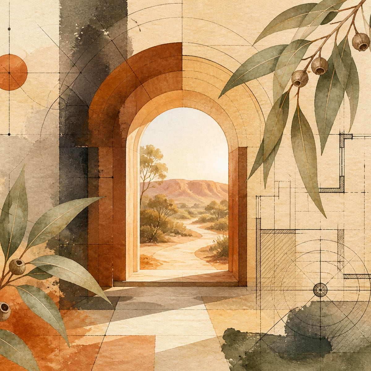 Abstract illustration of an arched passage through architectural plans